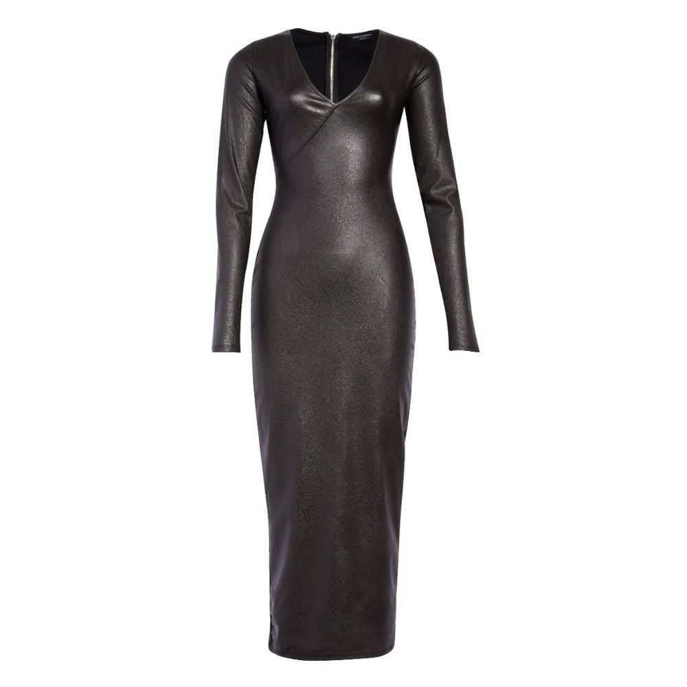 V-Neck Long Sleeve Faux Leather Maxi Dress